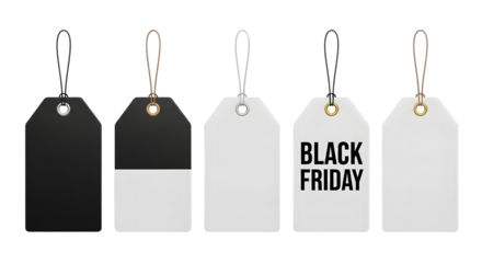 Collection of five price tags, some black and some white, with one white tag displaying black friday text, isolated on transparent background