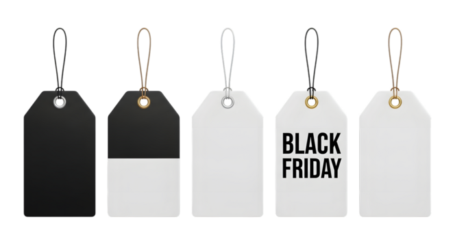 Collection of five price tags, some black and some white, with one white tag displaying black friday text, isolated on transparent background