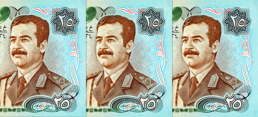 25 Dinars Iraq, banknote 1986 with portrait of Saddam Hussein. Vintage money of Iraq.