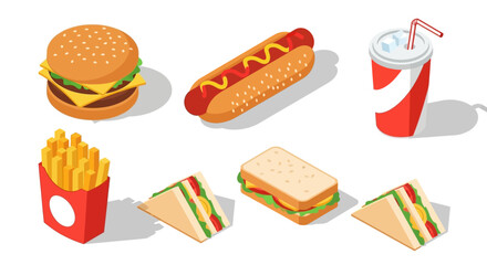 Isometric illustration of fast food items including burger, hotdog, fries, sandwich, and soda.
