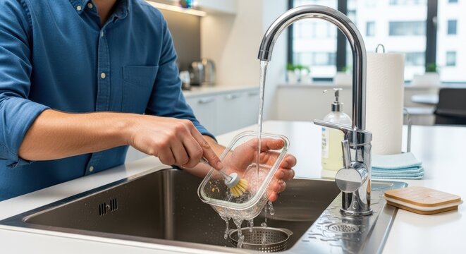 Washing lunchbox for work at kitchen sink with running water. Washing lunchbox after preparing a meal, and washing lunchbox after eating a lunch meal ensures cleanliness,