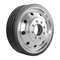 Fototapeta premium Close-up image of a clean, shiny, and modern chrome alloy wheel and tire for a heavy-duty truck or commercial vehicle