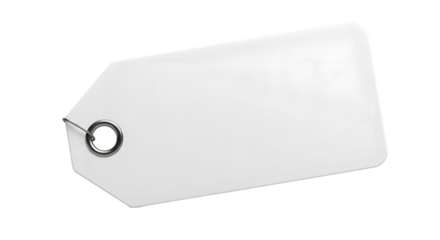 A blank white rectangular tag with a metal grommet and ring, isolated on a transparent background, perfect for price, identification, or labeling purposes