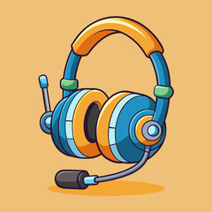Cartoon style headphones with microphone on orange background