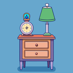 Nightstand with alarm clock and lamp