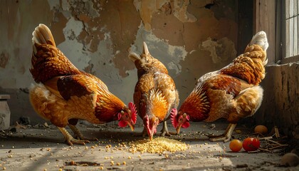 Three chickens forage for food in a rustic, sunlit barn. The hens, with reddish-brown plumage, peck at scattered grain
