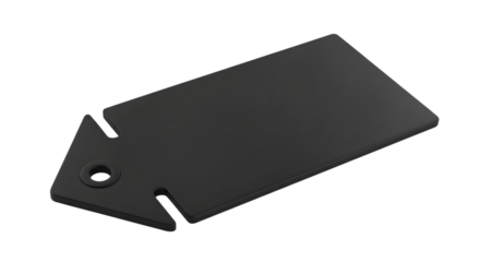 A black rectangular tag with a pointed end and a hole, isolated on a transparent background