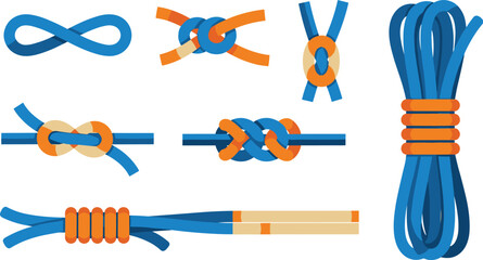Illustrated Collection of Knots and Ropes for Visual Guides: Demonstrating nautical, sailing, fishing knot tying techniques for instructional diagrams, outdoor adventure presentations, DIY crafting, c