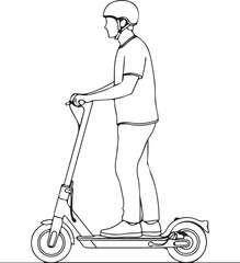 Line art illustration of a man riding an electric scooter with helmet on white background