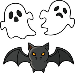 Halloween ghost, spooky bat, cartoon character, scary face, haunted night, festive illustration, vector art, holiday design, cad drawing flat vector illustration