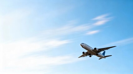 Fototapeta premium Under the clear blue sky with white clouds, a passenger plane flew by.
