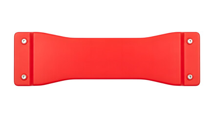 A bright red, modern, minimalist, abstract, geometric, rectangular object with curved sides and silver screws on each end, isolated on a transparent background