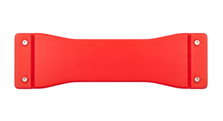 A bright red, modern, minimalist, abstract, geometric, rectangular object with curved sides and silver screws on each end, isolated on a transparent background