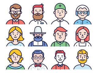 Fototapeta premium Twelve Diverse People Avatars Present Different Professions And Hairstyles
