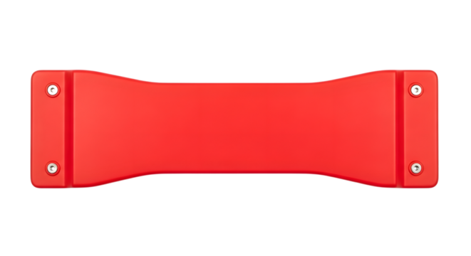 A bright red, modern, minimalist, abstract, geometric, rectangular object with curved sides and silver screws on each end, isolated on a transparent background