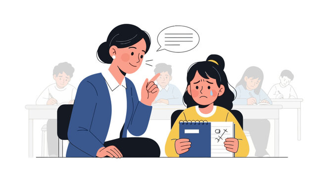 Teacher scolding a student with a test in her hands, who is crying in a classroom.