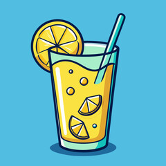 Refreshing yellow lemonade drink with lemon slices and straw