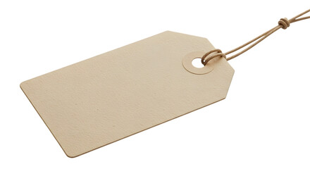 A blank, empty, light brown cardboard tag with a hole and string, isolated on transparent background