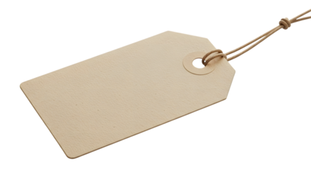 A blank, empty, light brown cardboard tag with a hole and string, isolated on transparent background