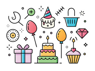 Celebration Icon Set Features Birthday Cake Presents Balloons And Party Hat