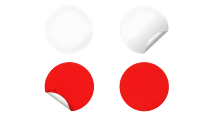 Four blank round stickers, two white and two red, isolated on transparent background