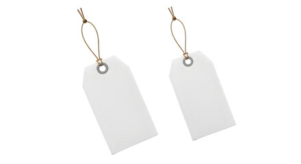 Two blank white paper price tags with strings, isolated on transparent background