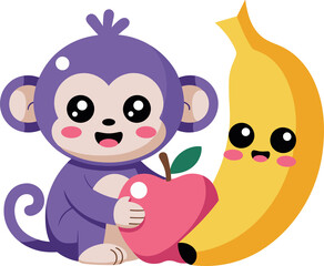 Adorable cartoon monkey enjoys healthy snack with a banana and a tasty red apple