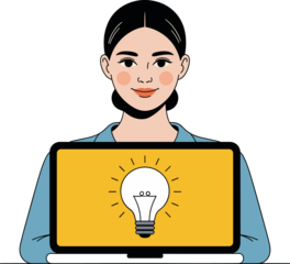 Creative businesswoman with lightbulb icon on laptop for innovative business ideas