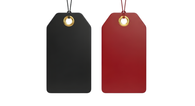 Two blank price tags, one black and one red, hanging from strings and isolated on a transparent background