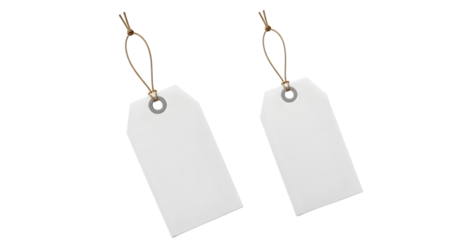 Two blank white paper price tags with strings, isolated on transparent background