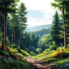 an AI Image Generator, Serene Forest Trail Illuminated by Morning Sunlight and Surrounded