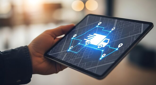 Man holding digital tablet with delivery truck icon on screen, concept of logistics and supply chain management for ecommerce and online shopping
