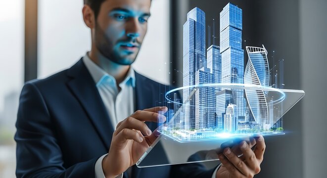 Architectural Vision - Man Interacting with Holographic Cityscape on Tablet.