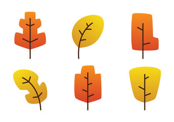 Set of six stylized autumn leaves in warm orange and yellow gradients on several abstract shapes perfect for digital decor, harvest festivals, and autumn campaigns.