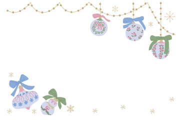 Hand drawn vector illustration of Christmas ornaments with bows and garlands on a white background. Concept of holiday decoration, festive greeting, and winter celebration design