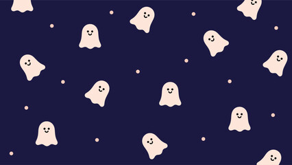 Cute smiling ghost pattern on dark navy background, seamless Halloween illustration with floating cartoon ghosts and small dots