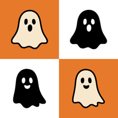 Cute ghost character illustration with black and white colors on orange and white background, Halloween themed flat vector design