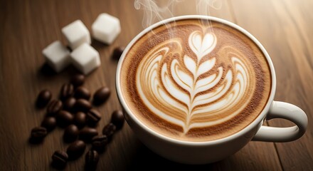 Aromatic Coffee Art - Latte with Heart Design and Sugar Cubes.