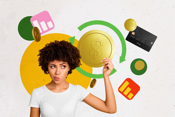 Composite photo collage of finance market currency dollars earnings young lady think hold coin...