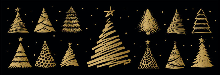 Christmas gold tree on black hand drawn illustrations.	
