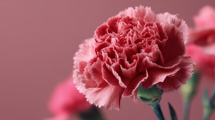 A close-up of a pink carnation flower with soft petals against a pastel background, showcasing its delicate beauty and texture, blurred pink flowers