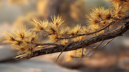 A pine branch with golden needles is illuminated by soft, warm light.