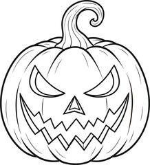 Halloween jack-o’-lantern line art illustration, spooky carved pumpkin drawing, black and white festive design, seasonal holiday decoration vector graphic