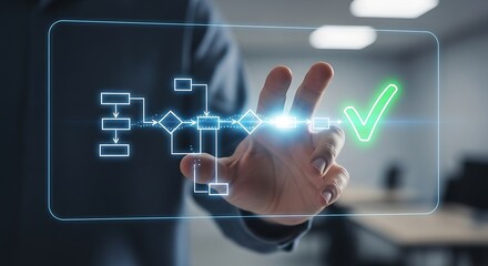 A person is using a digital interface to create a flowchart, indicating a welldefined process and a successful outcome, marked by a green checkmark, suggesting efficiency and approval