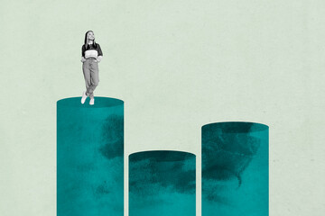 Full 3d art pop image collage of happy businesswoman businessman stand chart opportunity progress statistics goal chance