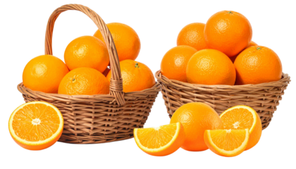  Two baskets of fresh oranges isolated on white background for food and lifestyle visuals