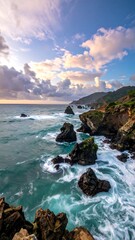 Coastal scene with rocks, foamy water, and cloudy sky, capturing the power and beauty of nature