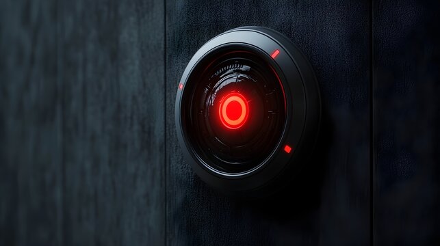 futuristic surveillance camera with a glowing red eye on a dark wall