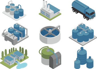 Isometric industrial factory and storage tank illustration, wastewater treatment plant, energy refinery,