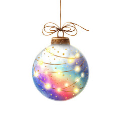 Beautiful watercolor ornament hanging from a string with soft lights and splashes of color